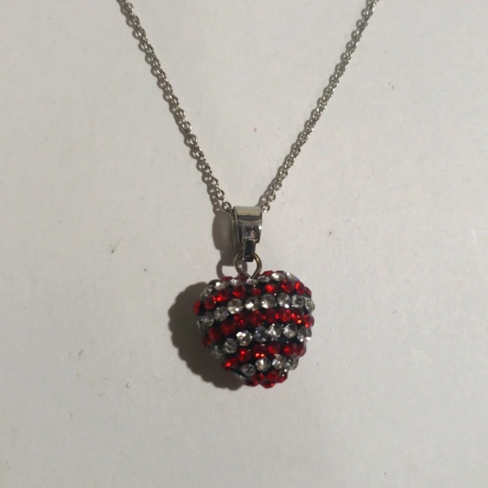 Women's Silver Heart Rhinestone Necklace American Flag  -  Patriotic  Jewelry